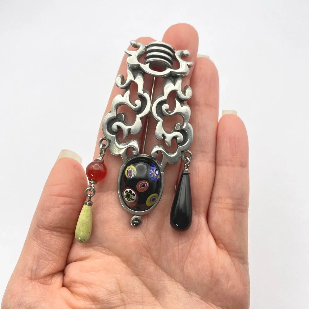 Vintage Modernist Millefiori Brooch and Clip On Earring‎ Set Statement Jewelry